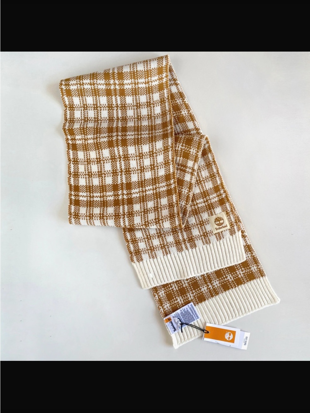 Timberland Cream and Tan Plaid Knit Scarf